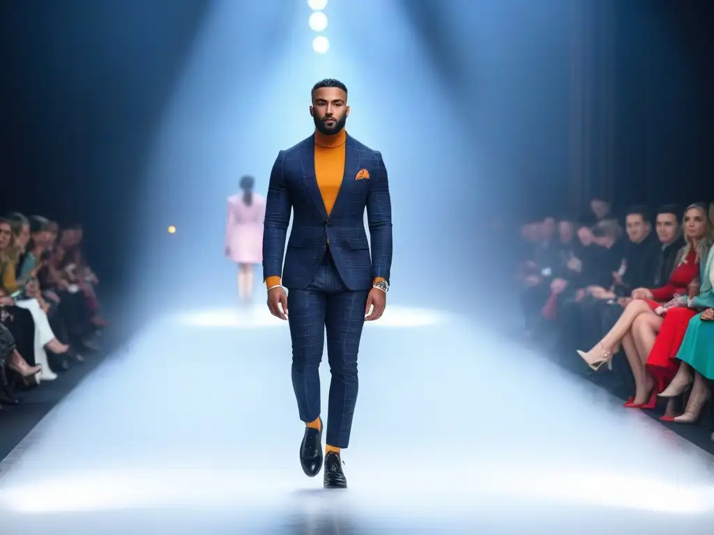 Desfile de moda: elegancia petite en pasarela Una modelo petite desfila con confianza en una pasarela, luciendo un atuendo de alta moda para tallas pequeñas