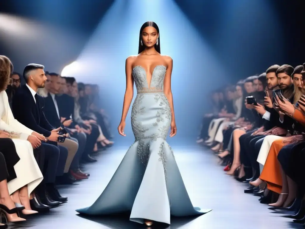 Desfile de moda: modelo petite deslumbra en haute couture Una modelo petite desfilando con elegancia en alta costura, rodeada de diseñadores