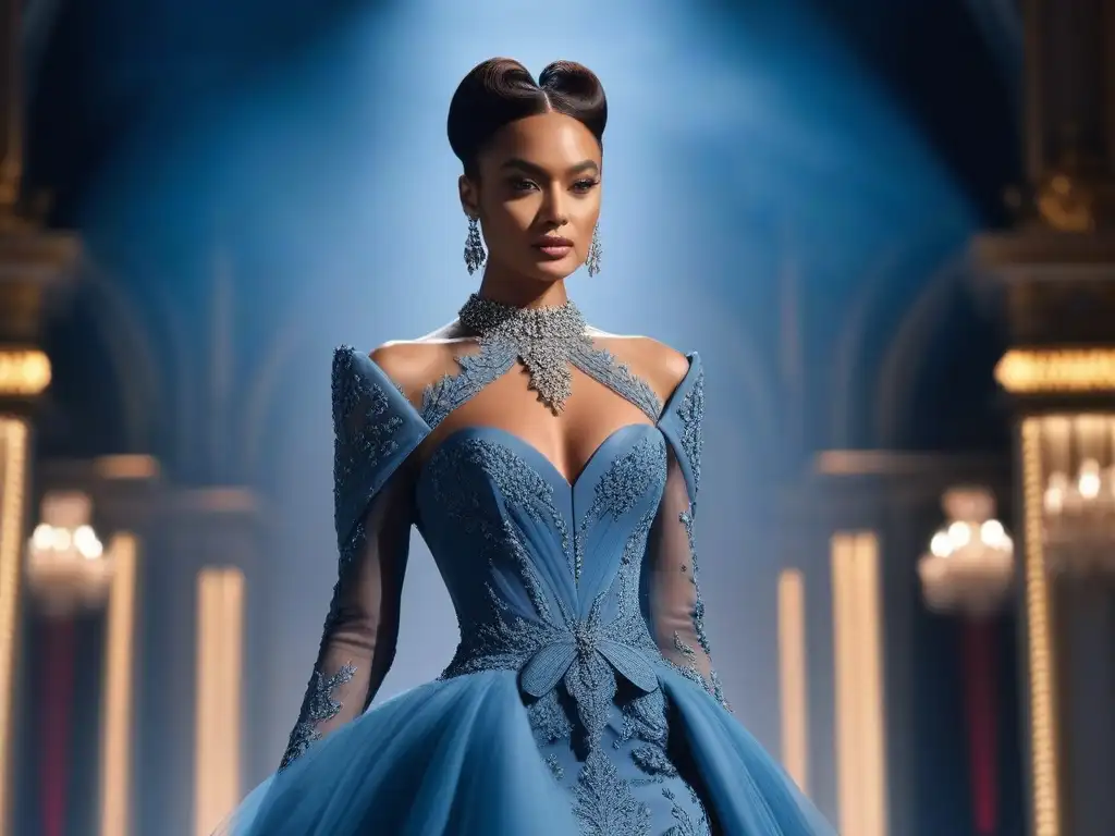 Elegancia petite en pasarela de alta costura Modelo petite desfila con elegancia en pasarela de alta costura, reflejando colaboraciones marcas petite alta costura