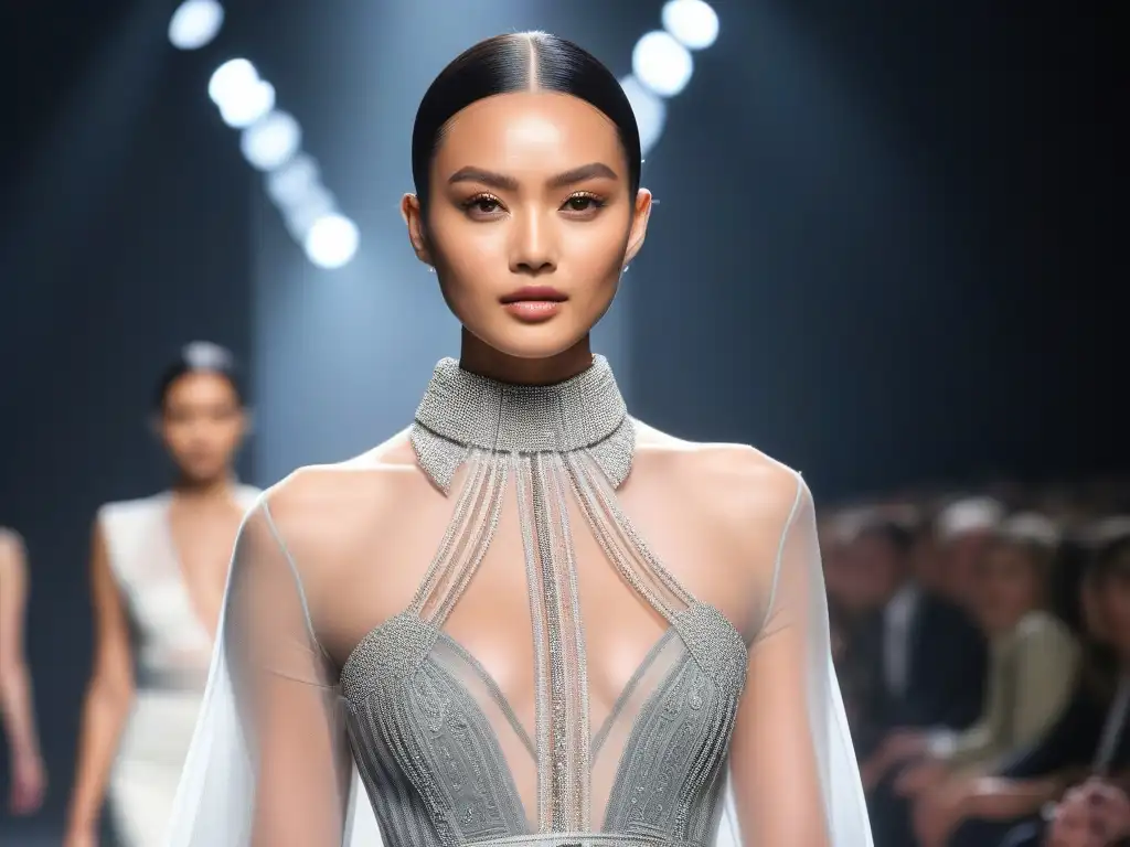 Desfile de moda petit: fusión vanguardista y elegancia Modelo petite desfila con elegancia en pasarela futurista