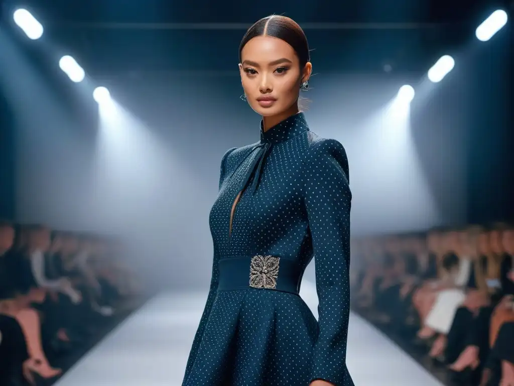 Desfile de moda: Modelo petite irradia estilo y elegancia Una modelo petite desfila con elegancia en una pasarela, destacando la evolución de la moda petite con estilo y gracia