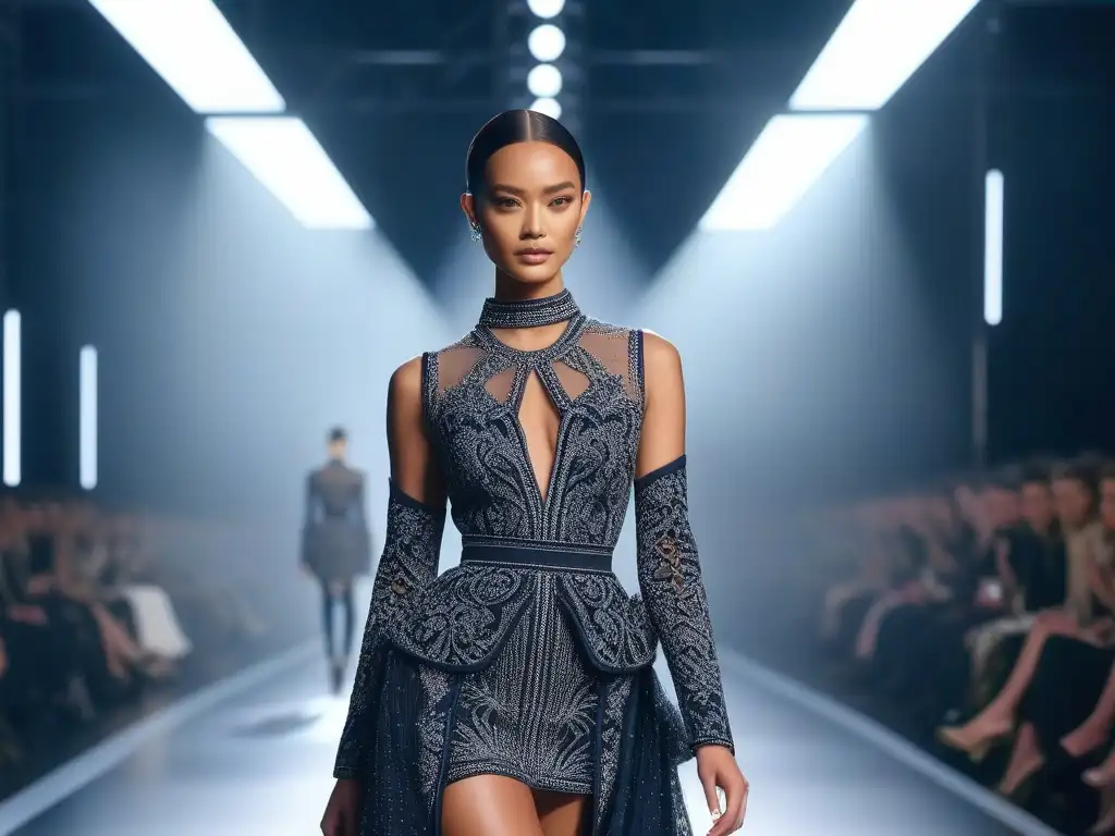 Desfile de moda: fusión de petite fashion y haute couture Una modelo petite desfila con elegancia en una pasarela de alta costura, fusionando marcas petite y alta costura en un ambiente moderno y sofisticado