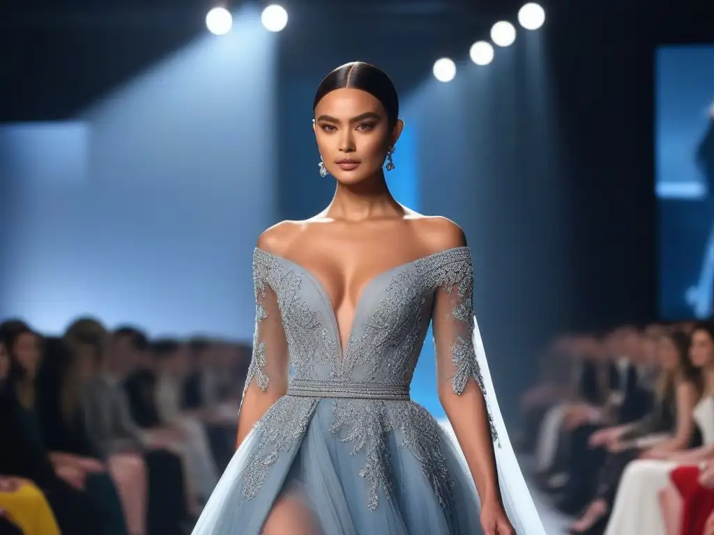Desfile de moda: modelo petite deslumbra con haute couture Una modelo petite desfila con elegancia en un vestido de alta costura, destacando colaboraciones marcas petite alta costura