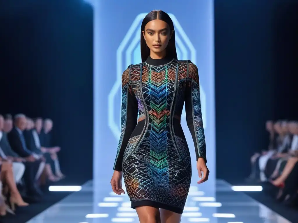 Desfile futurista: moda 3D en pasarela Una modelo petite desfilando con un vestido de impresión 3D en una pasarela futurista, fusionando moda y tecnología