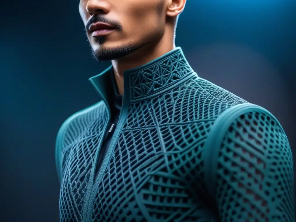 Moda ecofuturista en 3D: diseño sostenible y vanguardista Modelo profesional exhibiendo diseño de moda sostenible ecológica, impreso en 3D con patrones geométricos innovadores en colores terrosos