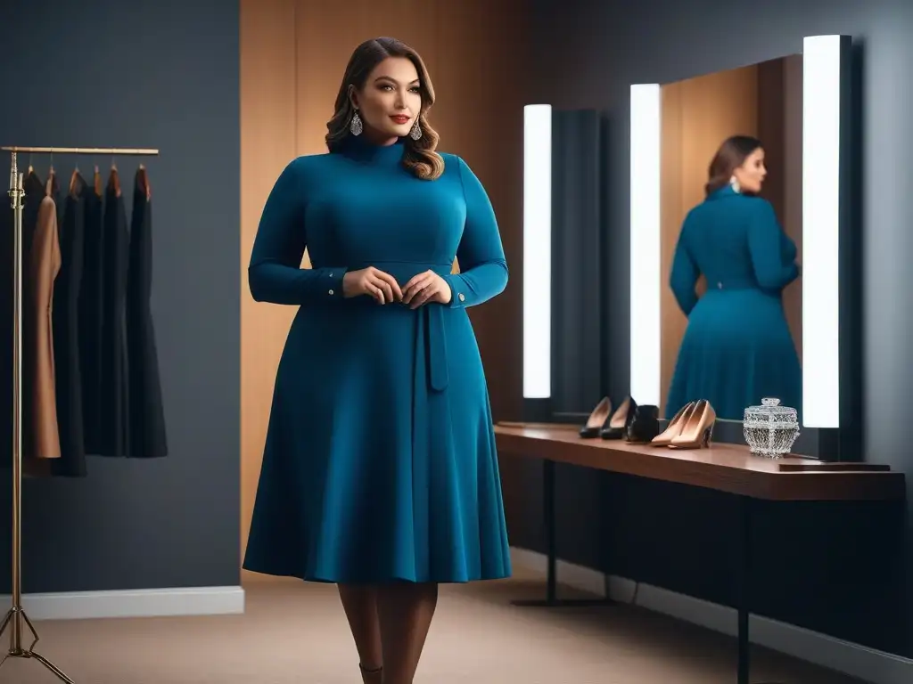 Modelo plus size seguro de sí mismo ajustando accesorios elegantes Una modelo plus size segura de sí misma ajustando sus accesorios frente al espejo en un elegante vestuario