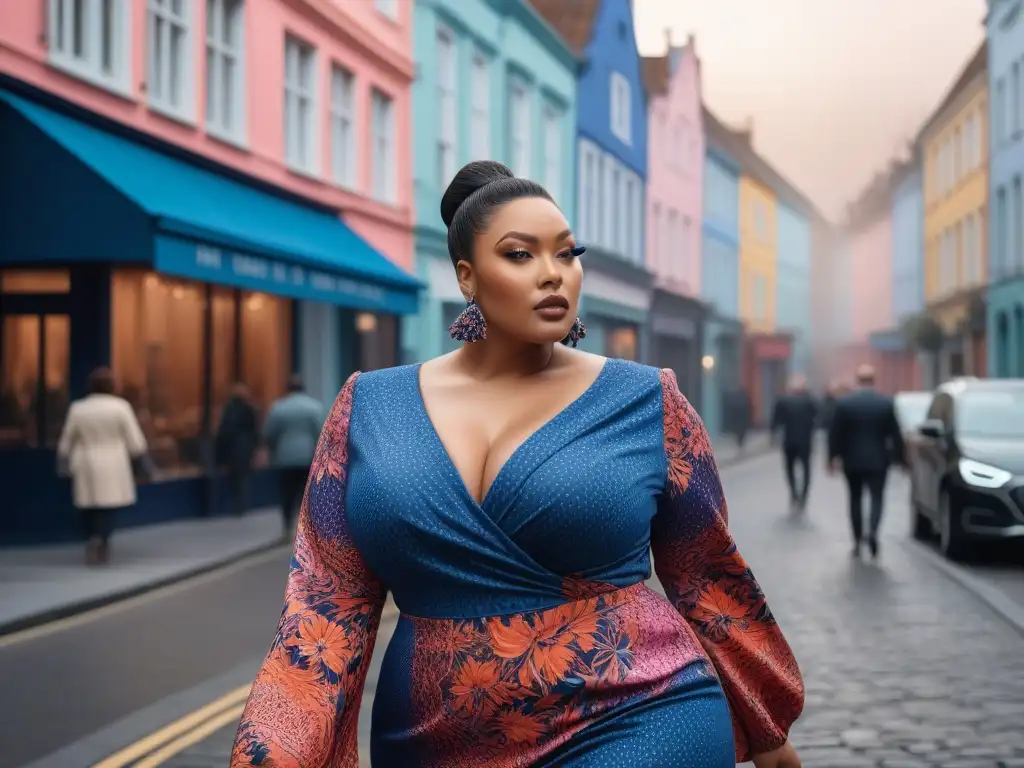 Modelo plussize con outfit moderno y estampado abstracto vibrante Una modelo plus size segura viste un atuendo moderno con estampado abstracto vibrante caminando por la ciudad