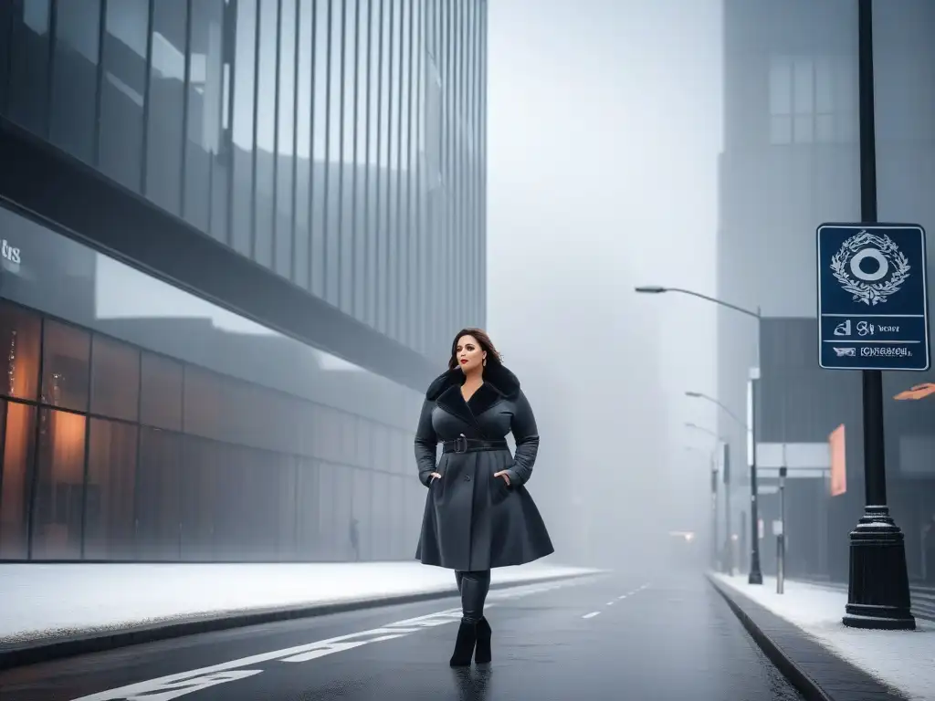 Moda invernal urbana: Modelo plus size deslumbrante con abrigo elegante Una modelo plus size, segura, camina en una ciudad invernal con un elegante abrigo plus size