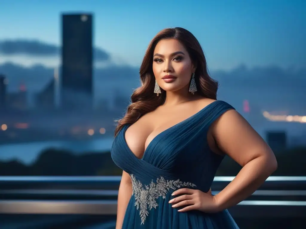 Modelo de talla grande deslumbra en vestido de noche frente a la ciudad Una modelo plus size segura de sí misma posa con elegancia en un vestido de noche deslumbrante frente al horizonte de la ciudad de noche