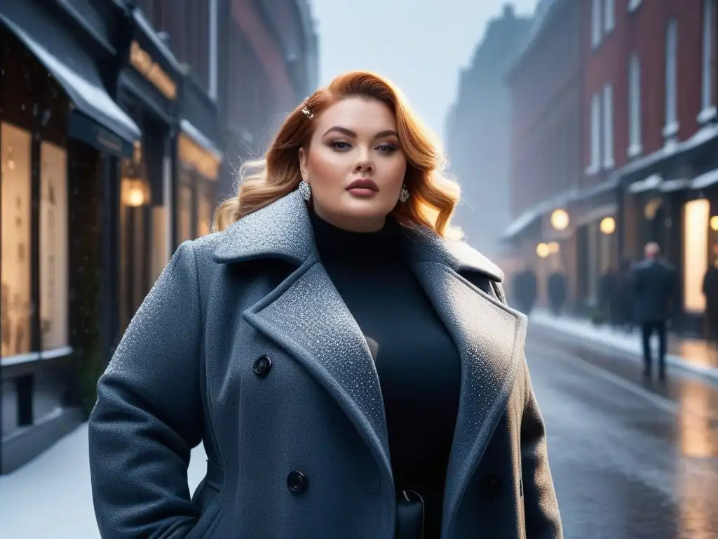 Modelo plus size deslumbra en la nieve con abrigo de invierno a la moda Una modelo plus size segura, viste un elegante abrigo de invierno en una calle urbana nevada