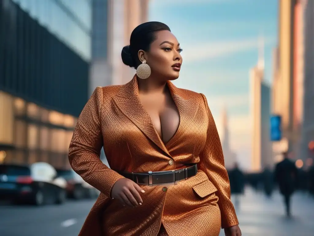 Modelo plus size empoderada con smartwatch y moda de lujo en la ciudad Una modelo plus size segura y elegante, con un smartwatch de lujo y ropa de diseñador, camina por una bulliciosa calle urbana al atardecer