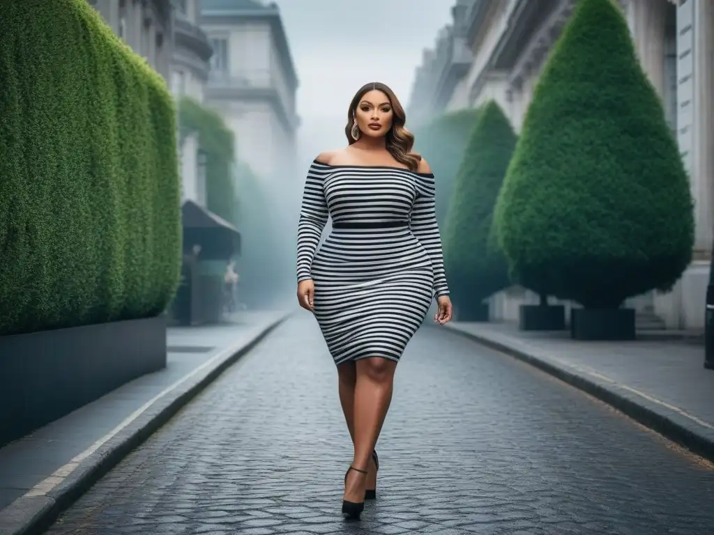 Modelo plus size deslumbra con elegancia urbana Una modelo plus size segura y elegante llevando un vestido plus size perfecto, caminando por la ciudad con estilo y confianza