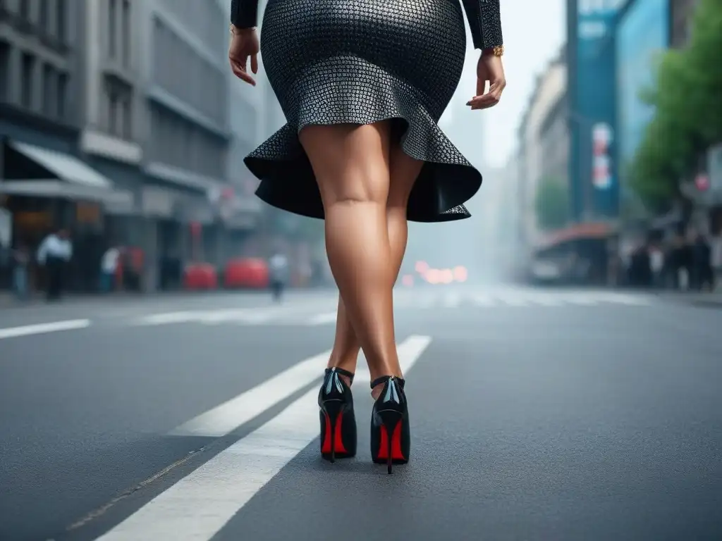 Modelo curve con tacones elegantes en la ciudad Una modelo plus size segura, con elegantes zapatos modernos, en una ciudad vibrante