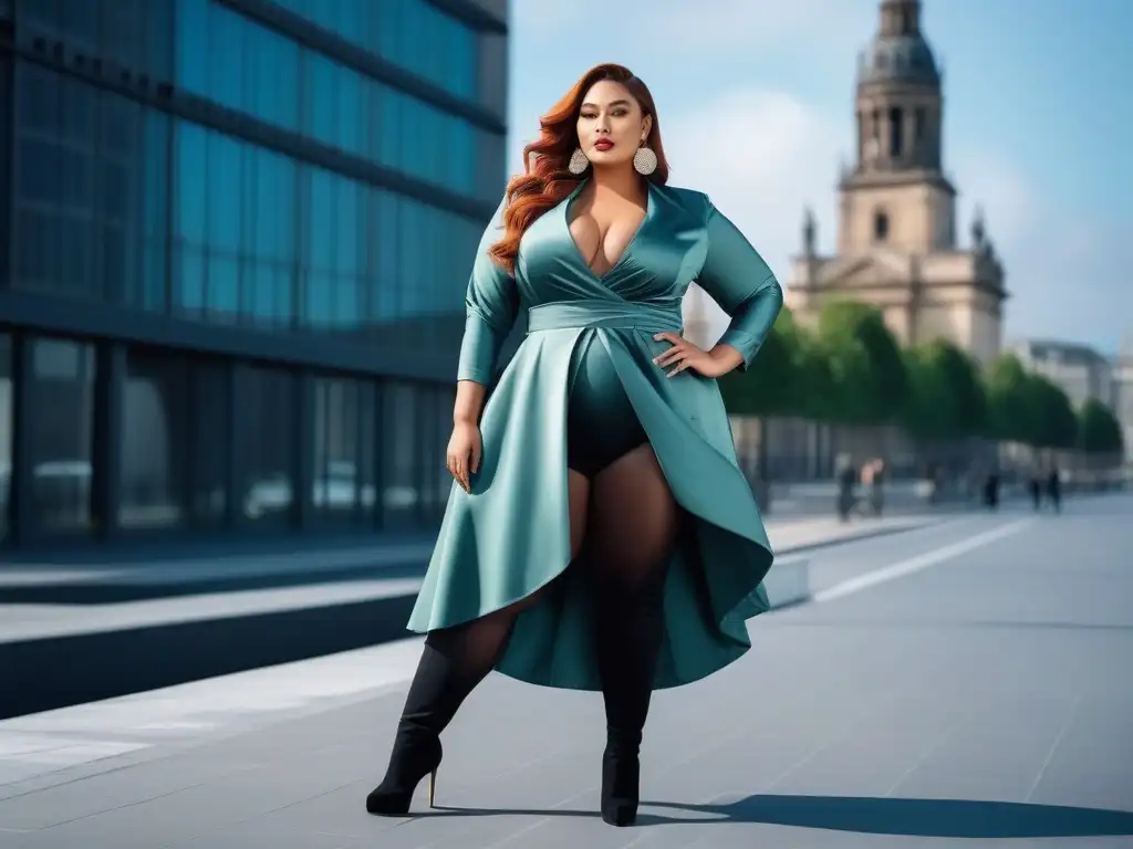 Modelo plussize empoderada en outfit elegante Una modelo plus size segura posa con estilo en un entorno urbano chic