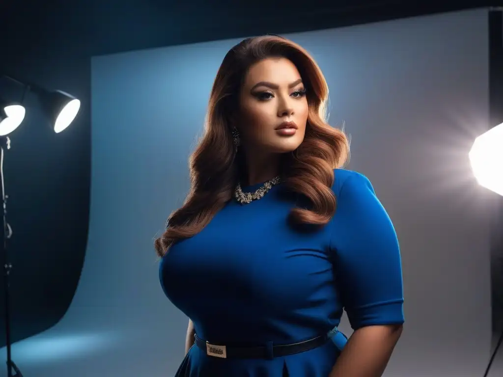 Sesión de fotos empoderadora con modelo plus size en estudio de moda Una modelo plus size segura y estilosa posando en una sesión de moda con un equipo profesional