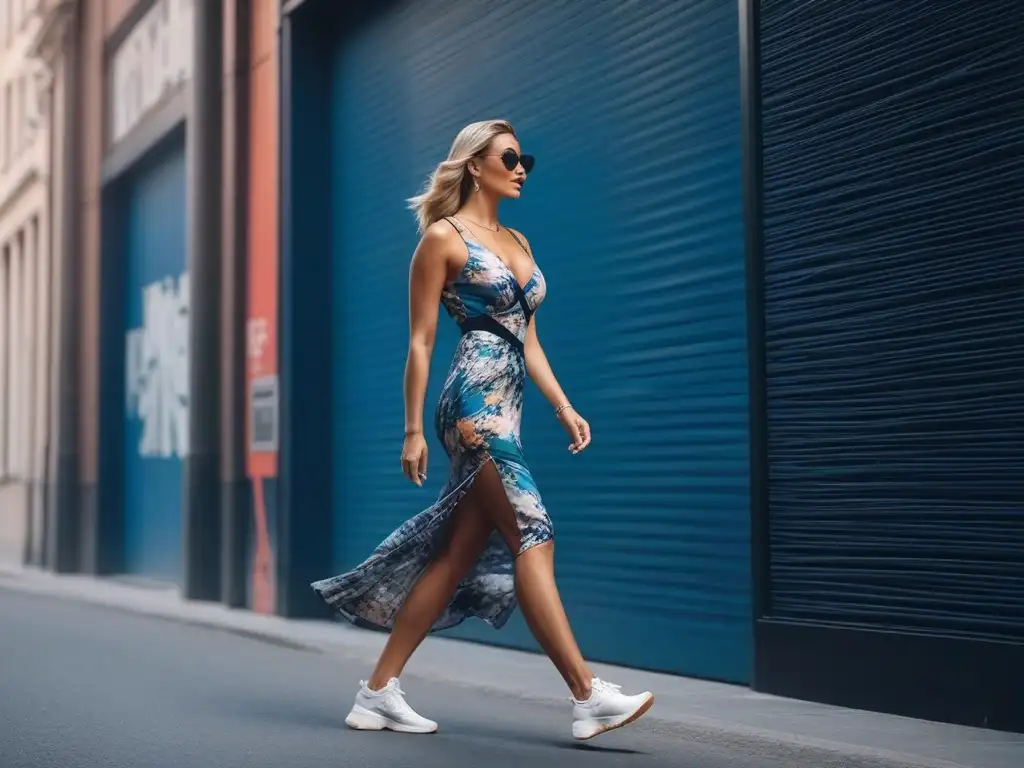 Moda senior urbana: mujer segura en vestido midi trendy Modelo senior desfilando con estilo en la ciudad, vistiendo moda senior inclusiva y diversa