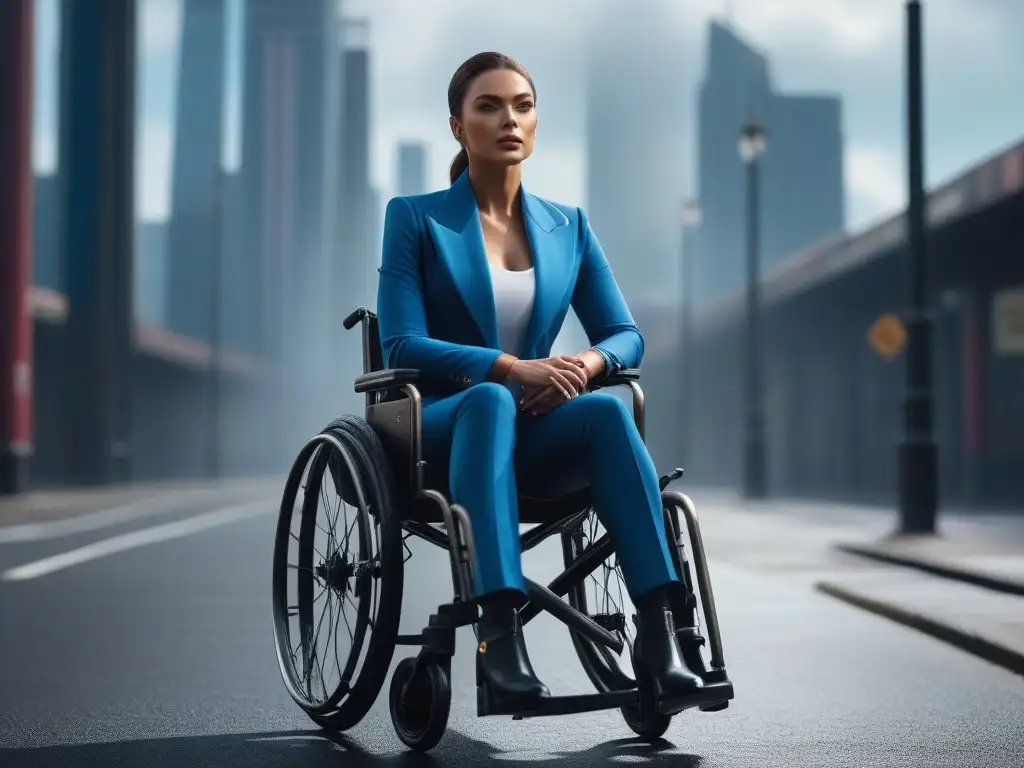 Moda inclusiva: estilo y empoderamiento en silla de ruedas Una modelo en silla de ruedas, elegante y segura, con un atuendo vanguardista, en una ciudad moderna