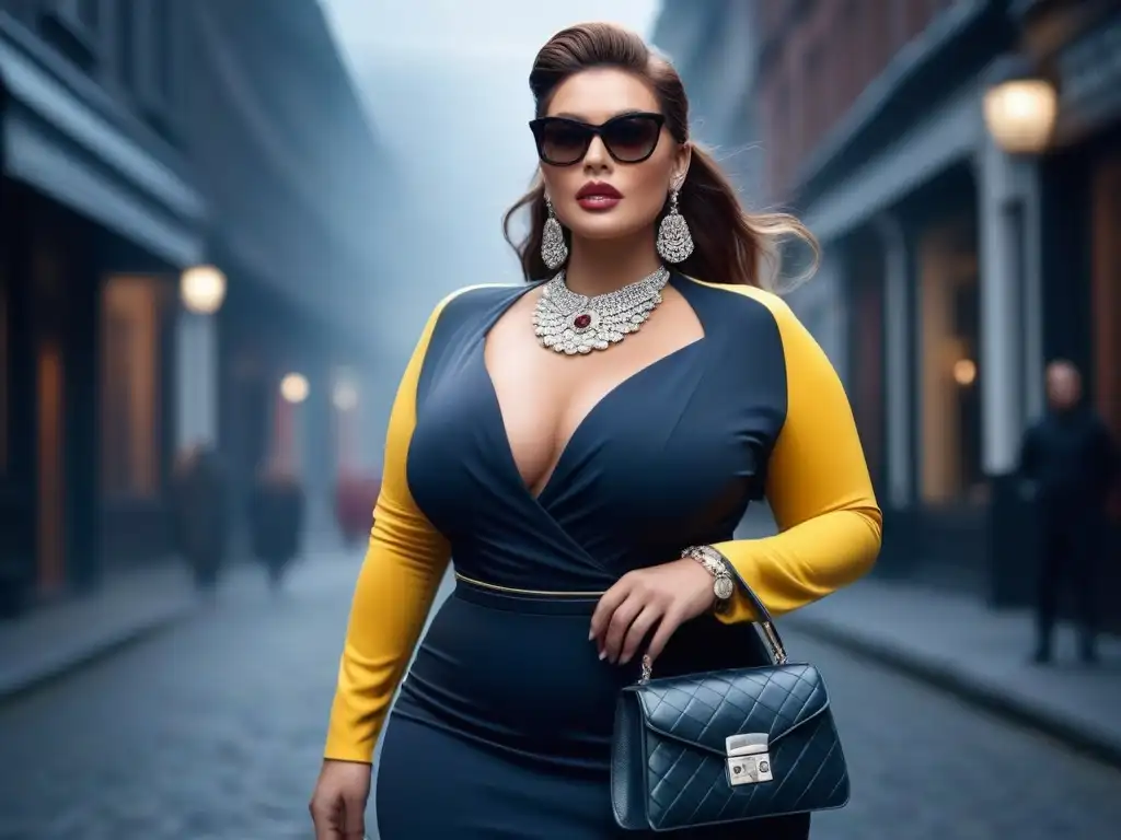 Modelo plus size deslumbra con estilo y accesorios chic Una modelo de talla grande combinando accesorios en un outfit, irradiando confianza y sofisticación en un entorno urbano moderno