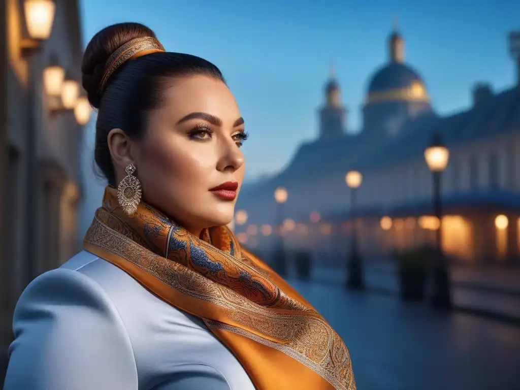 Modelo de tallas grandes en seda de lujo: elegancia urbana Una modelo de talla grande luce una bufanda de diseñador con elegancia en una ciudad al anochecer
