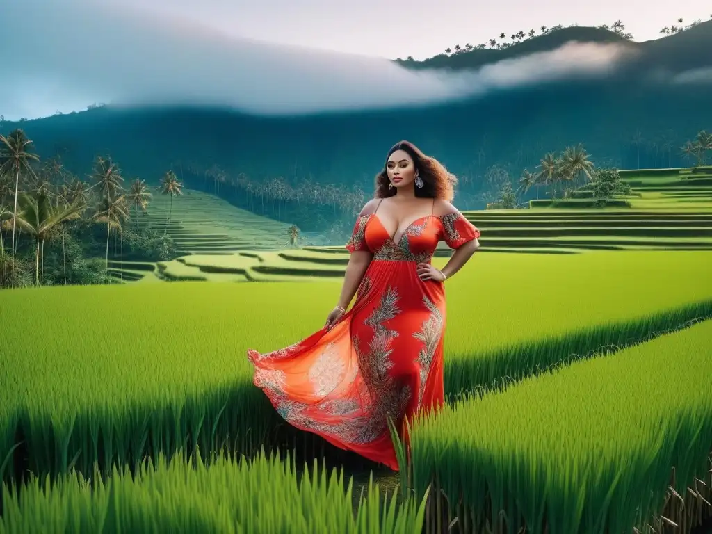 Modelo plussize empoderada en terrazas de arroz en Bali Una modelo de talla grande confiada y elegante, vistiendo un maxi vestido vibrante con patrones balineses en una terraza de arroz en Bali