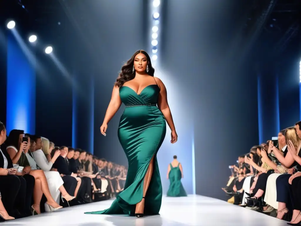 Desfile de moda: modelo de talla grande empoderada en vestido de lujo Una modelo de talla grande desfila con confianza en un elegante vestido de los mejores tejidos para ropa plus size, en una pasarela lujosa y moderna