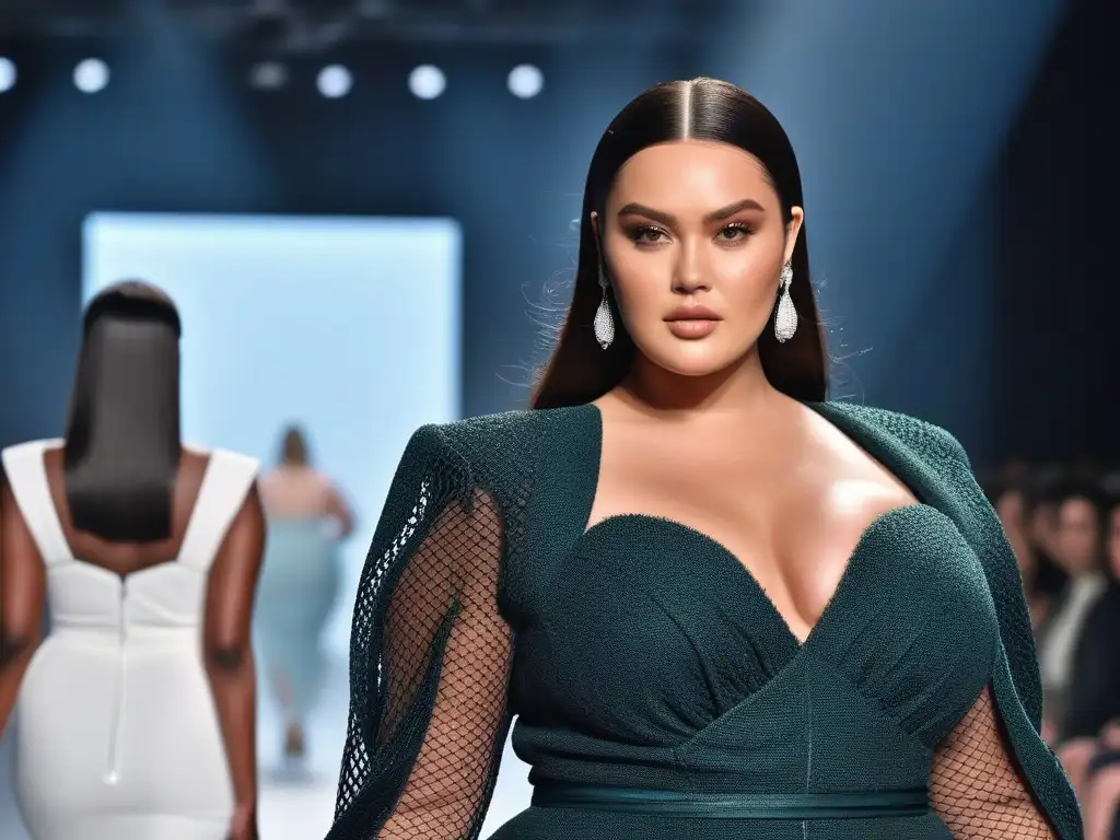 Pasarela de moda inclusiva: empoderamiento y estilo en plenitud Una modelo de talla grande desfila con confianza en una pasarela de alta moda, luciendo un diseño innovador que combina estilo e inclusividad