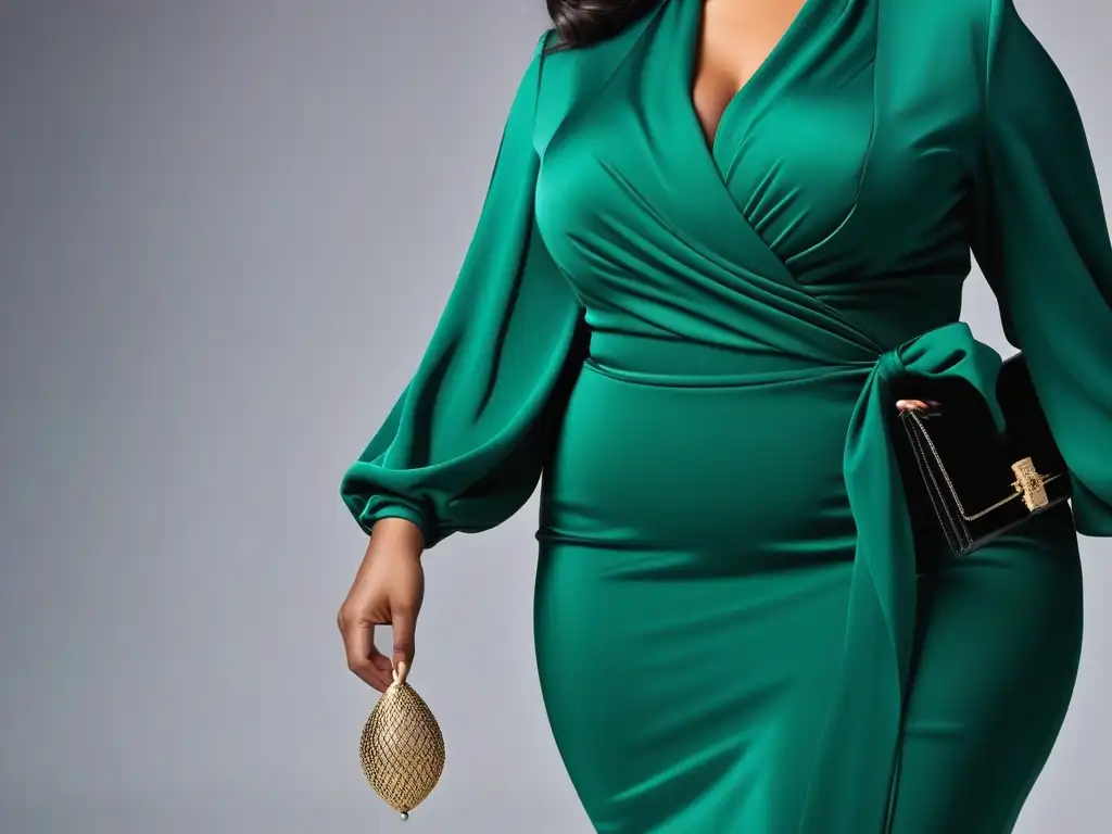 Belleza plus size: modelo deslumbra con vestido verde esmeralda Una modelo de talla grande luce con confianza un elegante vestido verde esmeralda que realza su tono de piel