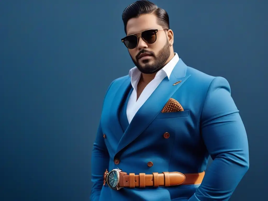 Modelo plus size exhibiendo accesorios modernos con estilo y confianza Un modelo de talla grande muestra con confianza accesorios modernos para hombres, en un fondo urbano minimalista