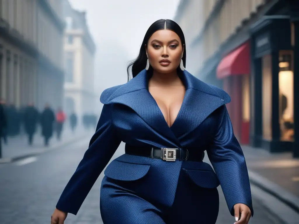 Moda plussize: modelo empoderada desfilando con estilo en la ciudad Una modelo de talla grande desfila con confianza por la ciudad, luciendo un elegante atuendo de moda Balenciaga que realza sus curvas