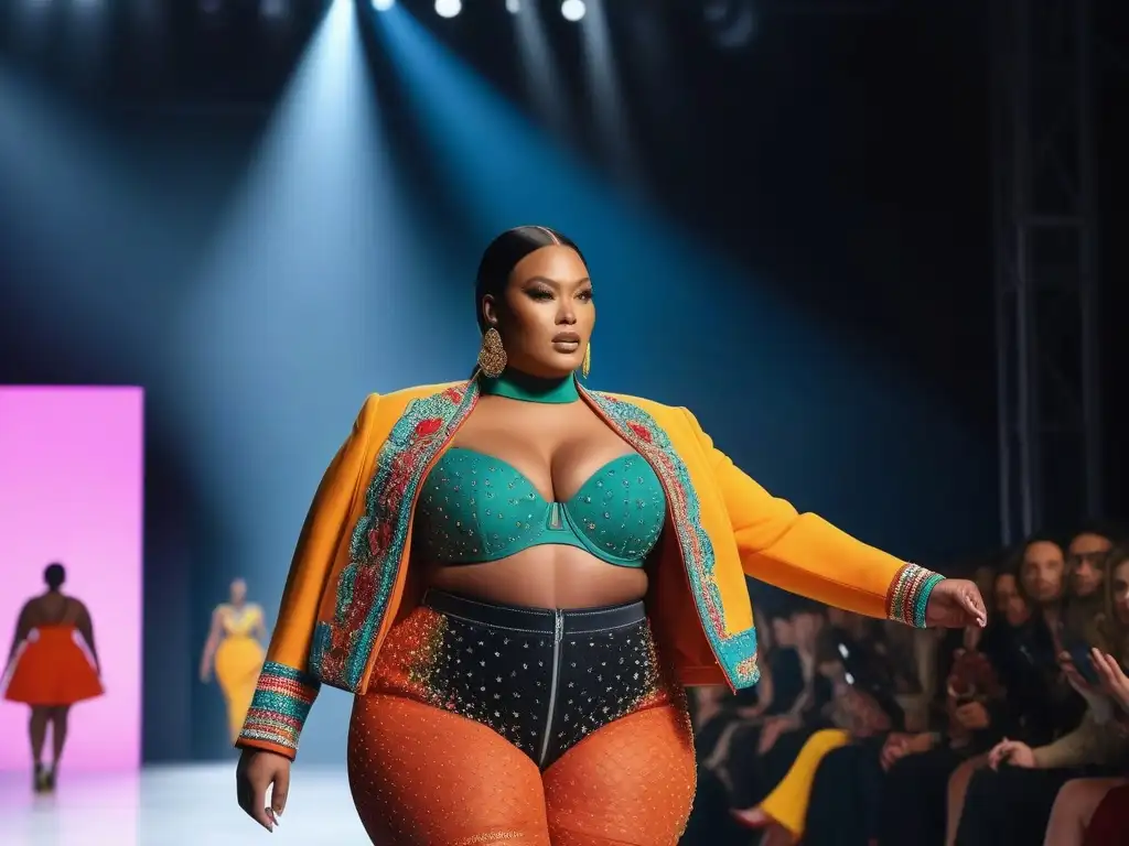 Desfile de moda inclusivo: modelo curvy irradia empoderamiento y estilo Una modelo de talla grande desfila con confianza en una pasarela, luciendo un atuendo colorido y moderno inspirado en la cultura pop