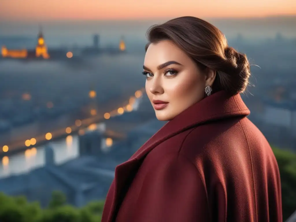 Abrigo oversized de lujo: moda plussize con estilo Una modelo de talla grande posa con elegancia en un abrigo de lana burdeos, destacando los mejores abrigos tallas grandes con estilo y confianza