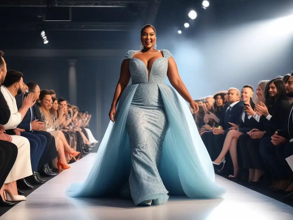 Desfile de moda inclusivo: Modelo de talla grande deslumbra en alta costura Una modelo de talla grande desfila con elegancia en la pasarela, luciendo un vestido de alta costura
