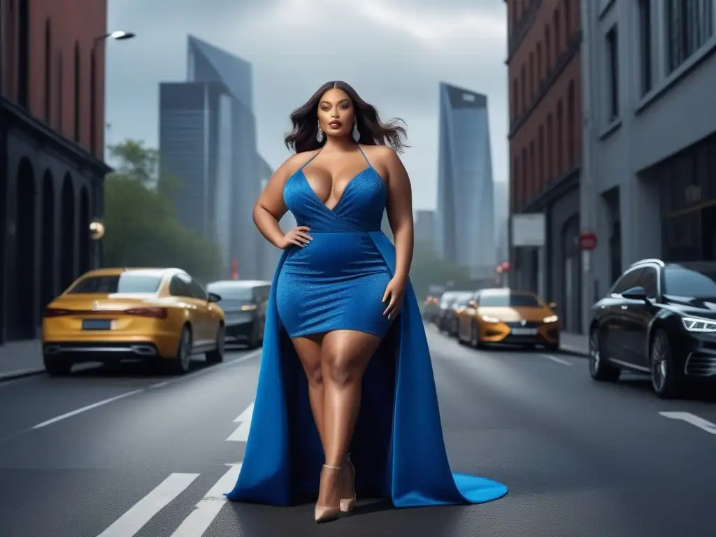 Modelo plus size empoderada en la ciudad: elegancia y estilo Una modelo de talla grande elegante y segura, viste un atuendo de diseñador en una ciudad moderna