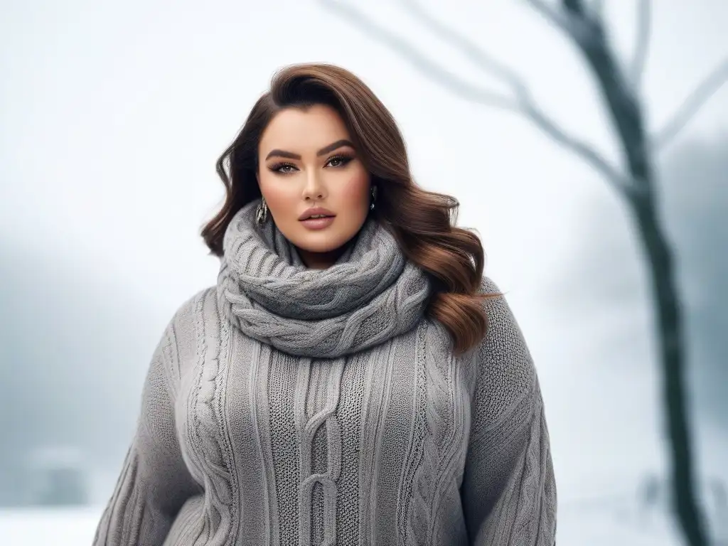 Sweater de talla grande: estilo y confianza en invierno Una modelo de talla grande con estilo lleva un suéter oversized en tono neutro, botas y bufanda