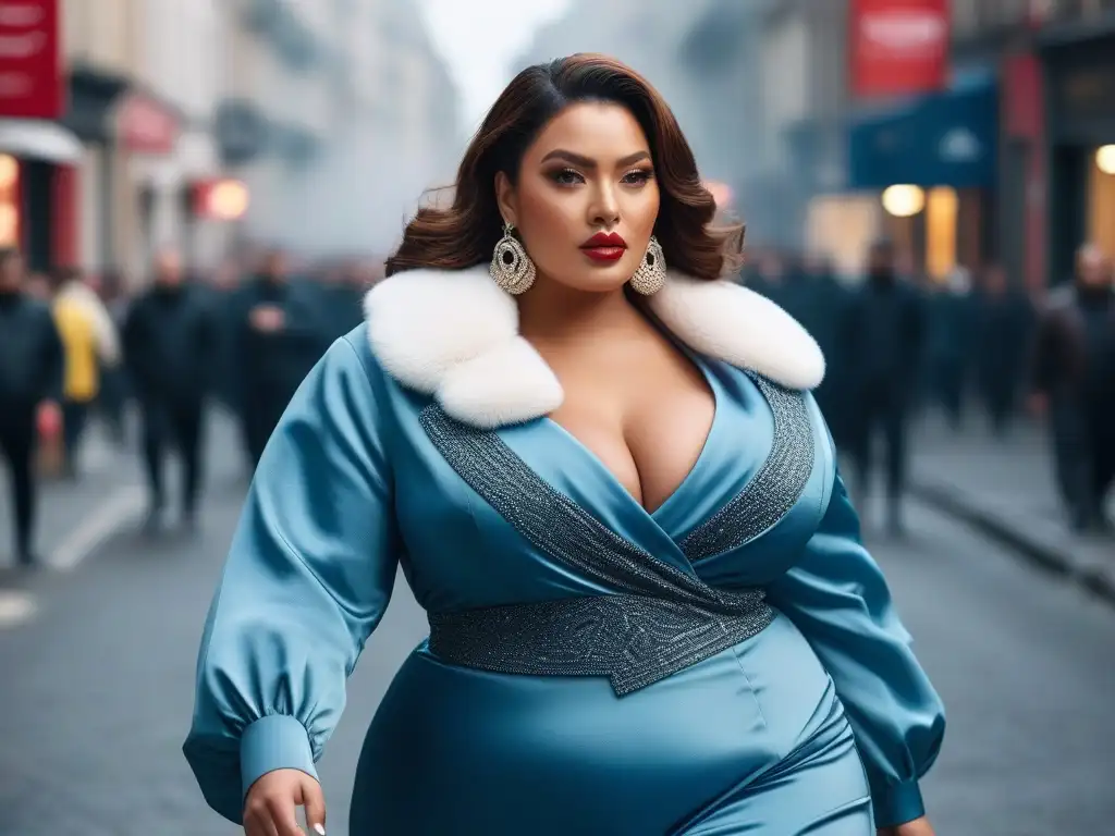 Modelo de tallas grandes con estilo de película icónica Una modelo de talla grande inspirada en tendencias moda plus size inspiradas, desfilando con confianza por la ciudad