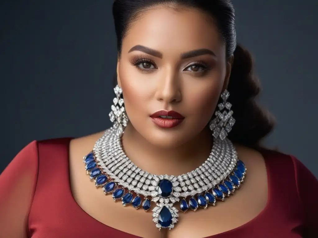 Modelo de talla grande con collar lujoso: empoderamiento y elegancia Una modelo de talla grande luce una joyería de lujo que realza su belleza