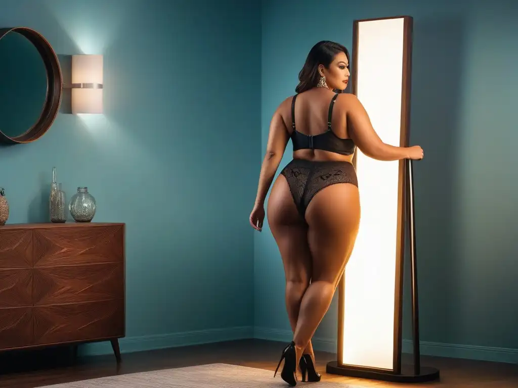 Modelo plus size segura y elegante en lencería frente al espejo Una modelo de talla grande segura y radiante en ropa interior elegante frente al espejo