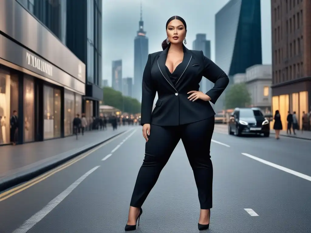 Modelo plus size muestra elegancia y empoderamiento en negro Una modelo de talla grande segura viste elegante atuendo negro mientras camina por la ciudad