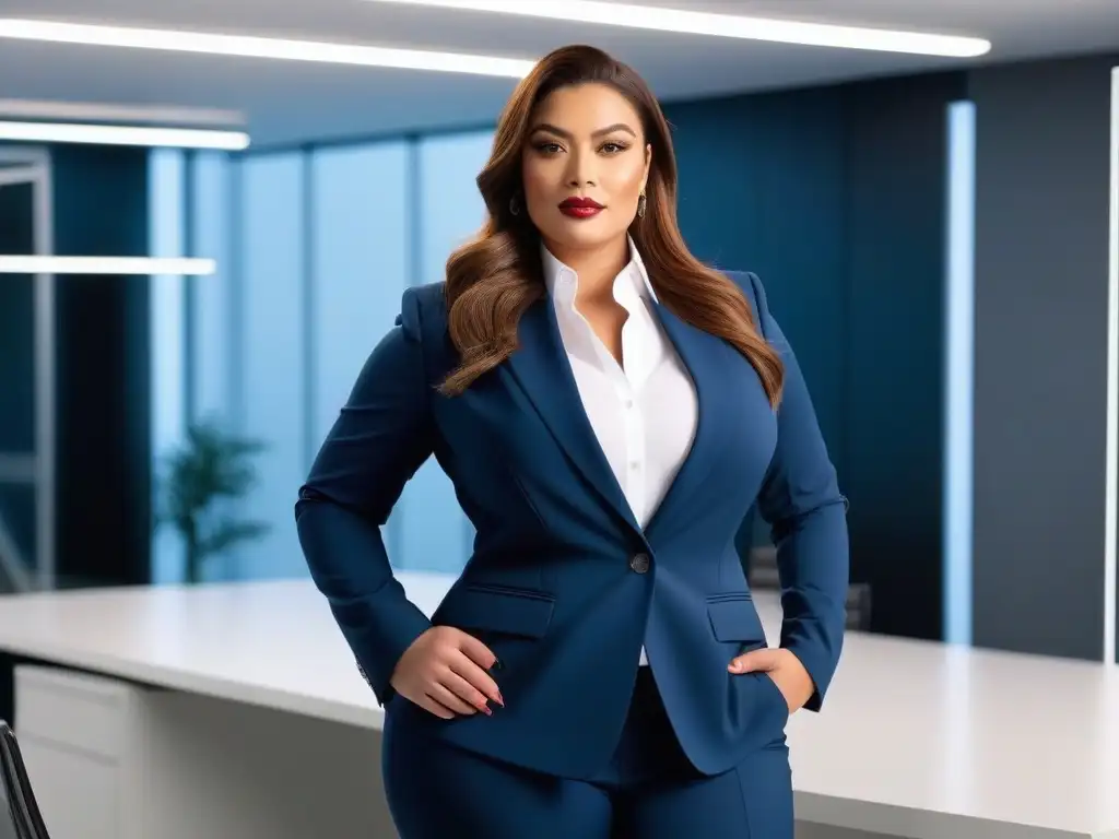 Modelo plussize empoderada en traje ajustado en oficina moderna Modelo de talla grande segura en traje ajustado en oficina moderna