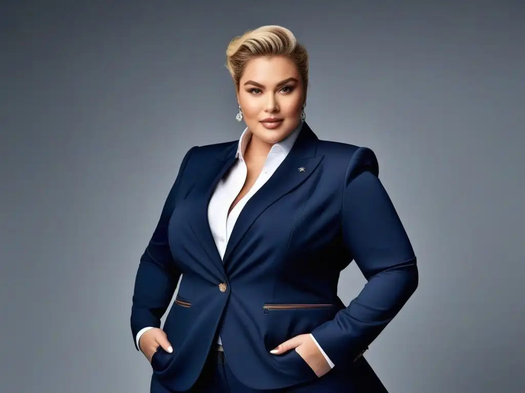 Modelo plus size empoderada en traje a medida Una modelo de talla grande segura en un traje perfectamente ajustado, irradiando profesionalismo y confianza
