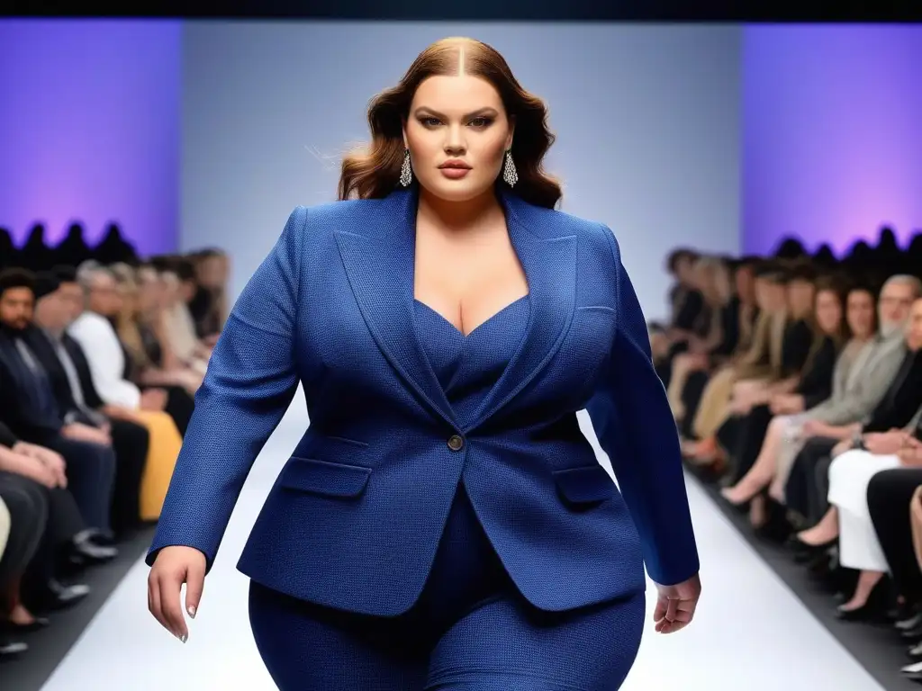 Desfile de moda plus size: elegancia y empoderamiento Una modelo de talla grande segura desfila en un traje ajustado, cautivando con estilo en una pasarela moderna