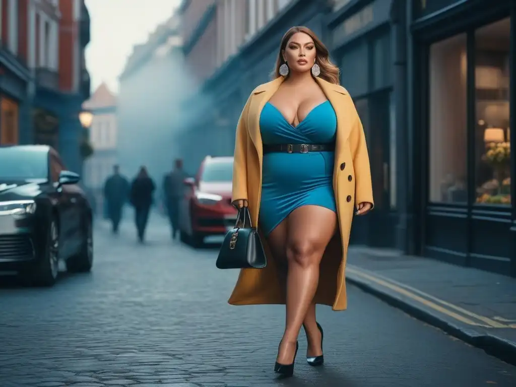Inspiradora modelo de tallas grandes empoderada en la ciudad Una modelo de talla grande camina segura por la ciudad, luciendo un outfit moderno que realza sus curvas