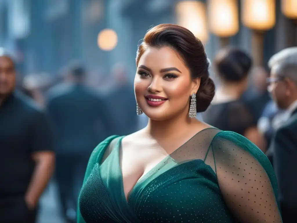 Modelo de talla grande empoderada con sonrisa radiante y estilo moderno Una modelo de talla grande, segura de sí misma, irradia autoestima en un atuendo moderno y elegante, mientras es admirada por una diversa multitud