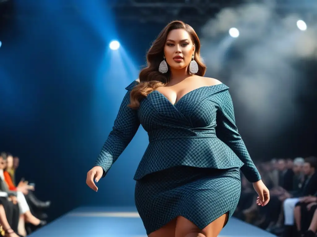 Desfile de moda plus size: empoderamiento y estilo en la pasarela Una modelo de talla grande desfila con seguridad en la pasarela luciendo un conjunto moderno y elegante que realza sus curvas
