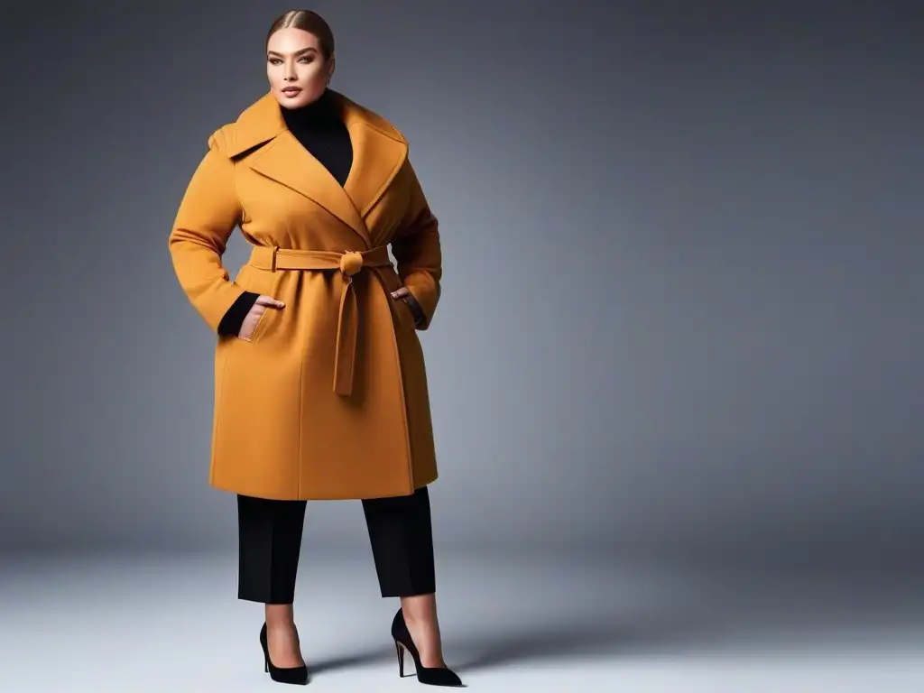 Modelo de talla grande luciendo elegante abrigo camel en alta resolución Una modelo de talla grande luce con seguridad un elegante abrigo camel, destacando como uno de los mejores abrigos para tallas grandes