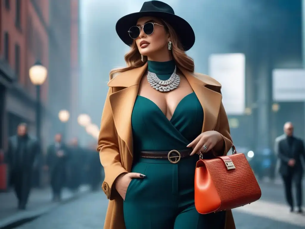 Modelo plus size con accesorios modernos y glamorosos en entorno urbano Una modelo de tallas grandes luce accesorios de moda personalizados en un ambiente urbano sofisticado