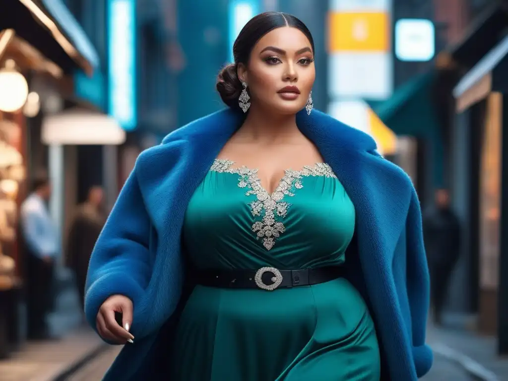 Modelo plus size desfila con estilo sostenible en la ciudad Una modelo de tallas grandes desfilando con un atuendo sostenible en una ciudad diversa y bulliciosa