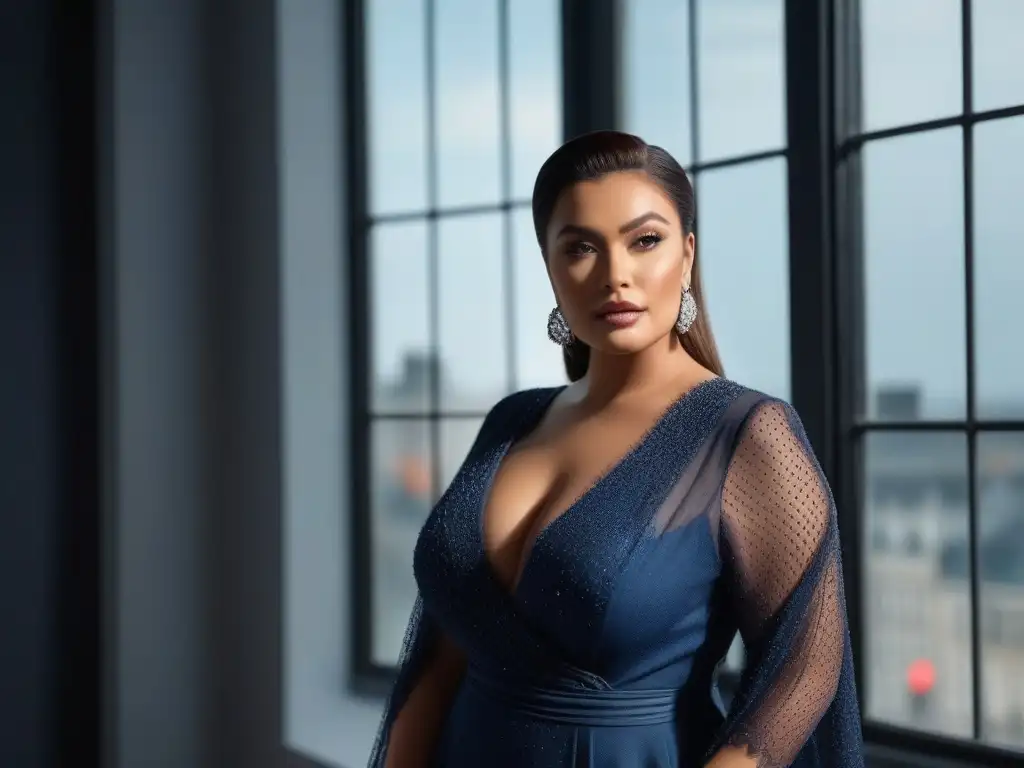 Modelo plus size: elegancia en la luz natural Una modelo de tallas grandes confiada y elegante posa en una sesión de fotos, destacando su estilo y belleza con luz natural