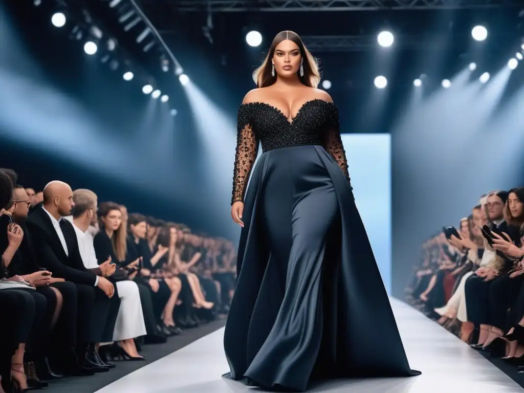 Modelo plussize deslumbra en pasarela con diseño Balenciaga Una modelo de tallas grandes desfila con confianza en un diseño lujoso de Balenciaga, destacando la inclusividad y la moda de alta costura