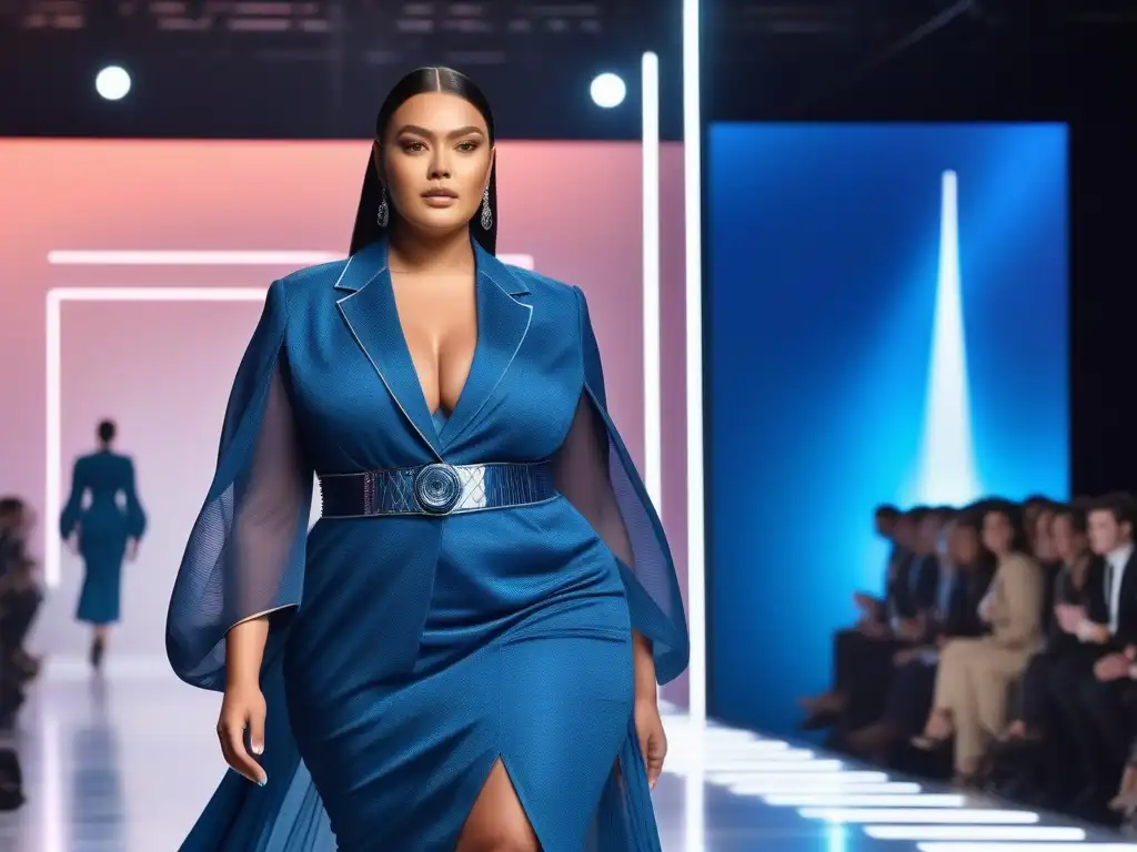Pasarela futurista: moda plus size con tecnología innovadora Una modelo de tallas grandes desfila con confianza en una pasarela futurista con tecnología wearable premium